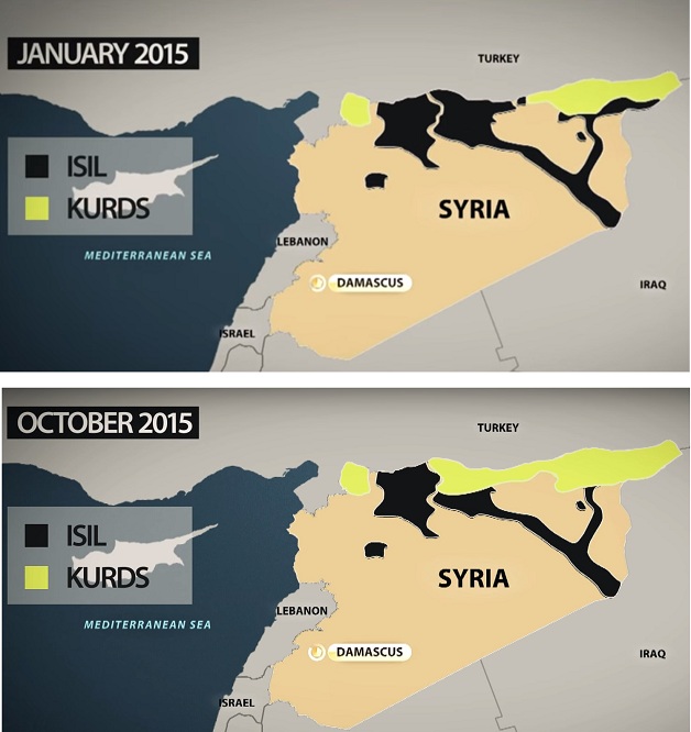 יישות בהתהוות; שטחים בשליטת הכורדים ודאע"ש. למעלה: ינואר 2015. למטה: אוקטובר 2015