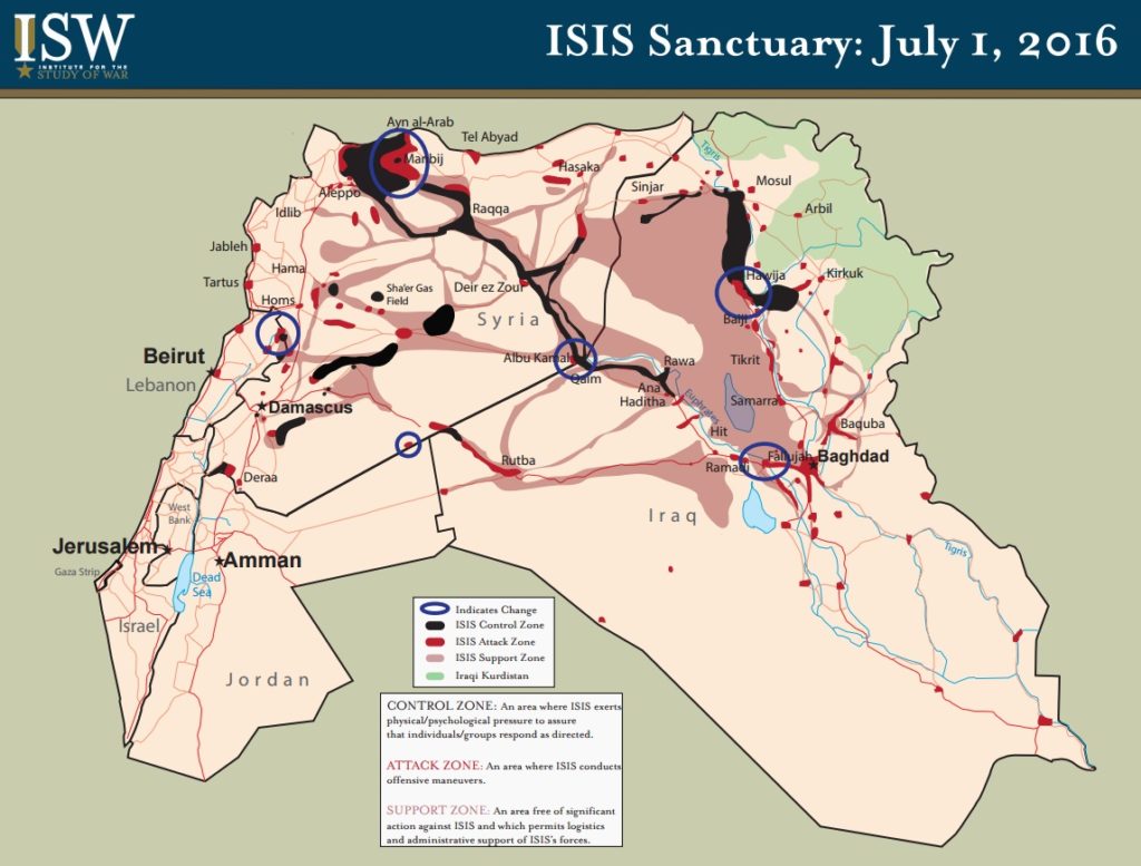 מפת השליטה של דאע"ש, מעודכן ל-1.7.16. מקור: אתר THE INSTITUTE FOR THE STUDY OF WAR