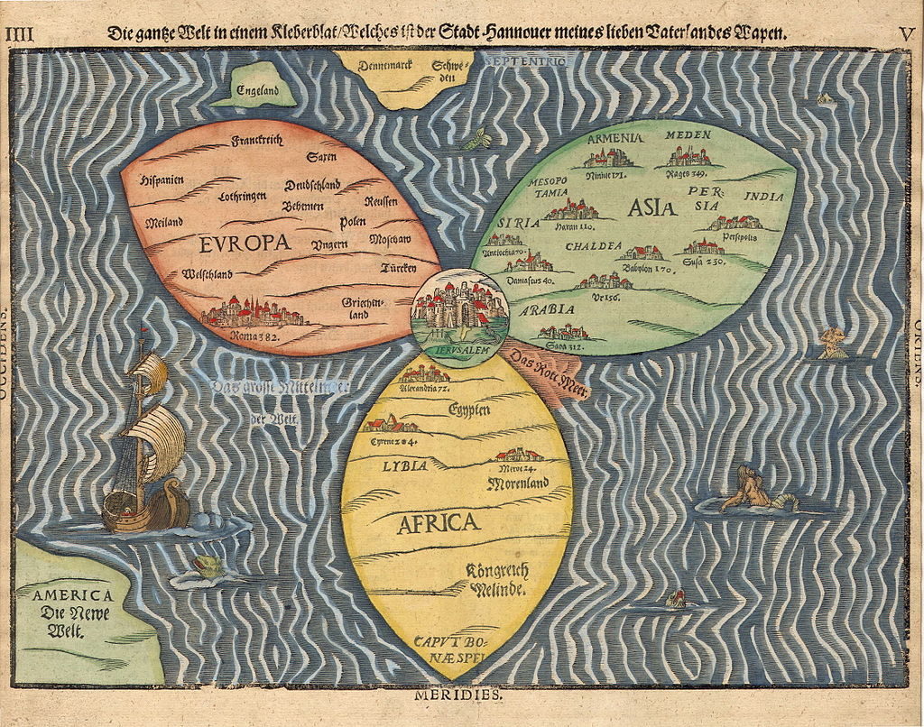 מפה שצייר היינריך בונטינג ובמה מופיעה ירושלים במרכז העולם, 1581. דרך וויקיפדיה