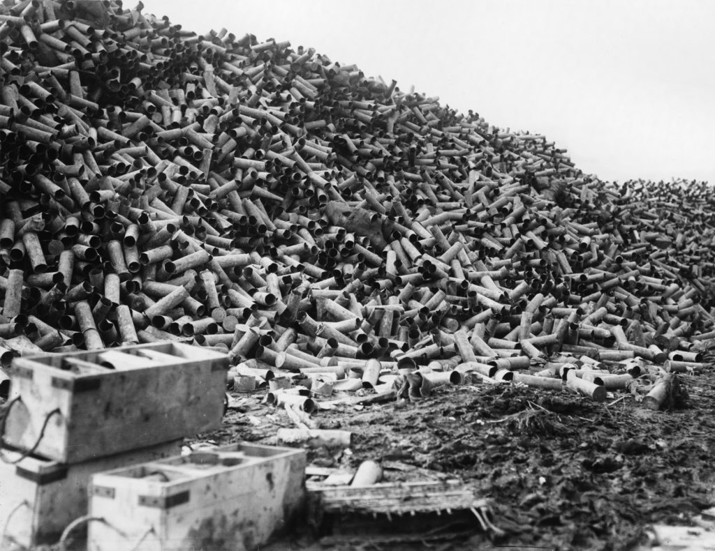 A large dump of empty shell cases at Fricourt, a village captured by the British on the 2 July, during the opening phase of the Somme campaign. Date: September 1916