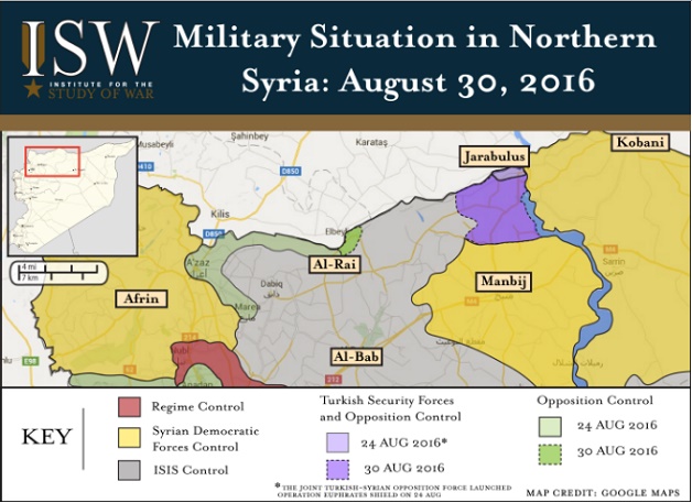 ההתקדמות הטורקית לתוך צפון סוריה, נכון ל-31 באוגוסט. באדיבות המכון לחקר המלחמה (ISW)