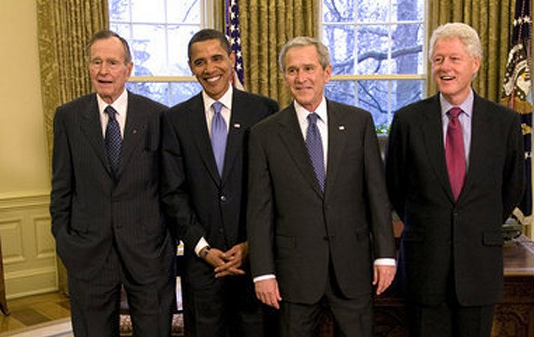 הרחיבו את הסכמי הסחר האזוריים; (משמאל) בוש האב, אובמה, בוש הבן וקלינטון